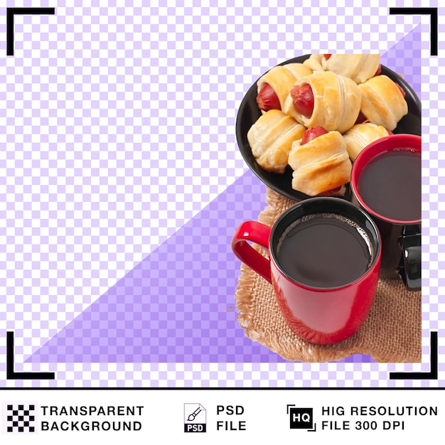 Breakfast setup with sausage rolls and coffee