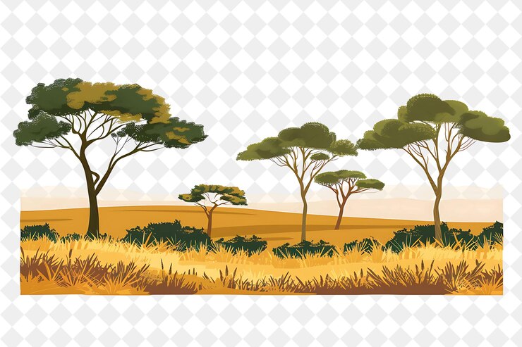 PSD breathtaking savannah landscape with acacia trees and colorf illustration natural scenery design