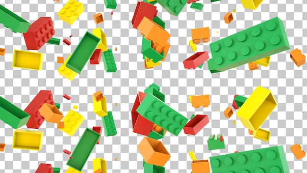 Brick toys on geometric shapes falling down in motion