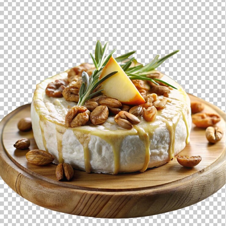 PSD brie horneado con peras y nueces sobre un fondo transparente