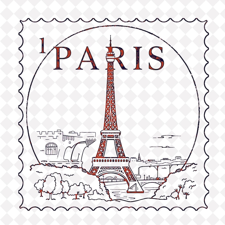 PSD briefmarke stadt paris mit monochromer lavendelfarbe eiffelturm dekoration alterungspapier effekt seine riv