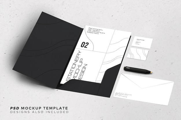 Briefpapier-branding-mockup-vorlage mit a4-briefkopf-visitenkarten-umschlag-notiz-bleistift