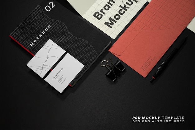 Briefpapier-Branding-Mockup-Vorlage mit A4-Briefkopf-Visitenkarten-Umschlag-Notiz-Bleistift