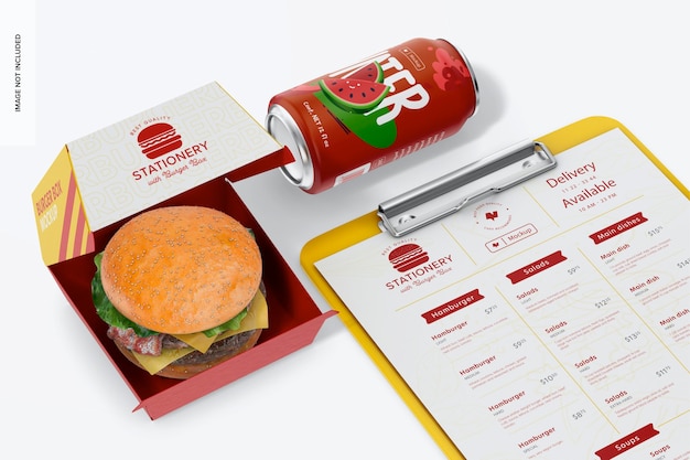 Briefpapier mit burger-box-mockup, ansicht von links