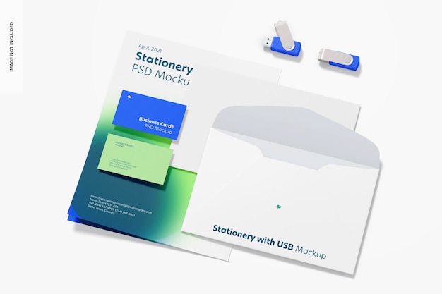 PSD briefpapier mit usb-flash-laufwerken mockup