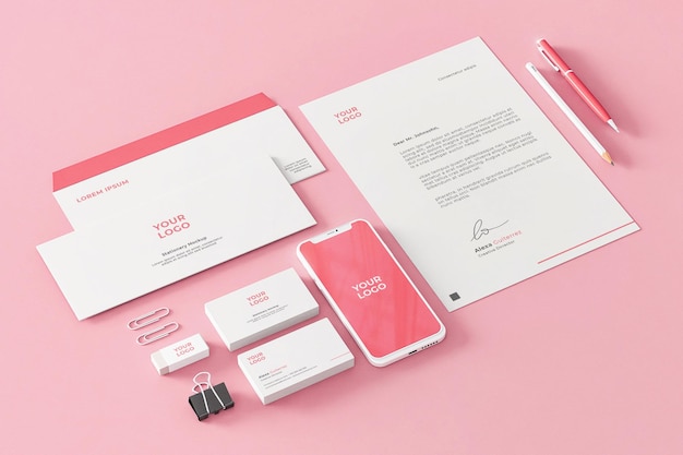 PSD briefpapier mockup pink company business mit telefon