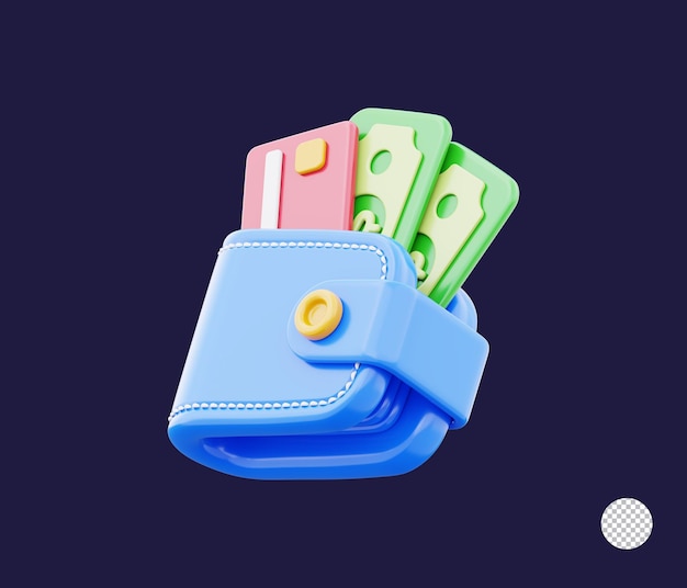 Brieftasche mit Banknoten, Papierwährung und ATM-Karten-Ikon-Illustration Konzept des Währungswechsels 3d