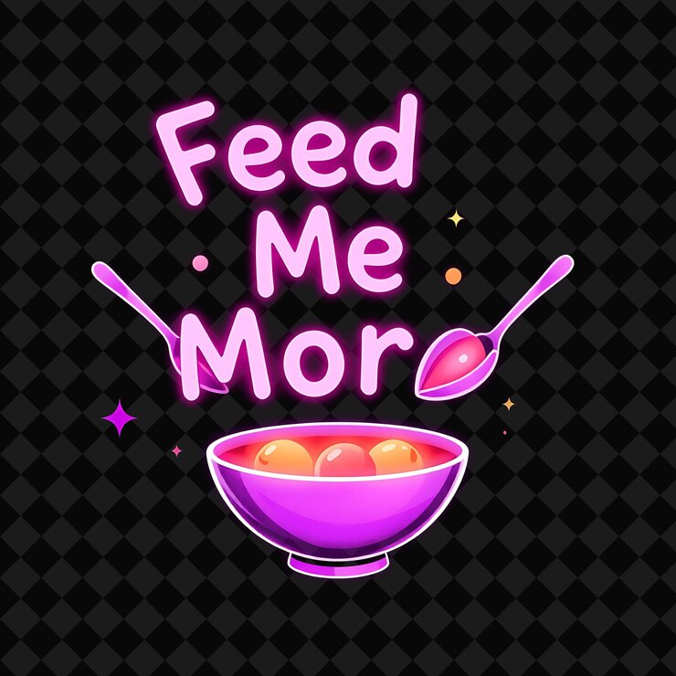 PSD bright feed me more texto brilha em rosa e roxo vibrante com sh png inspirado neon food decorin