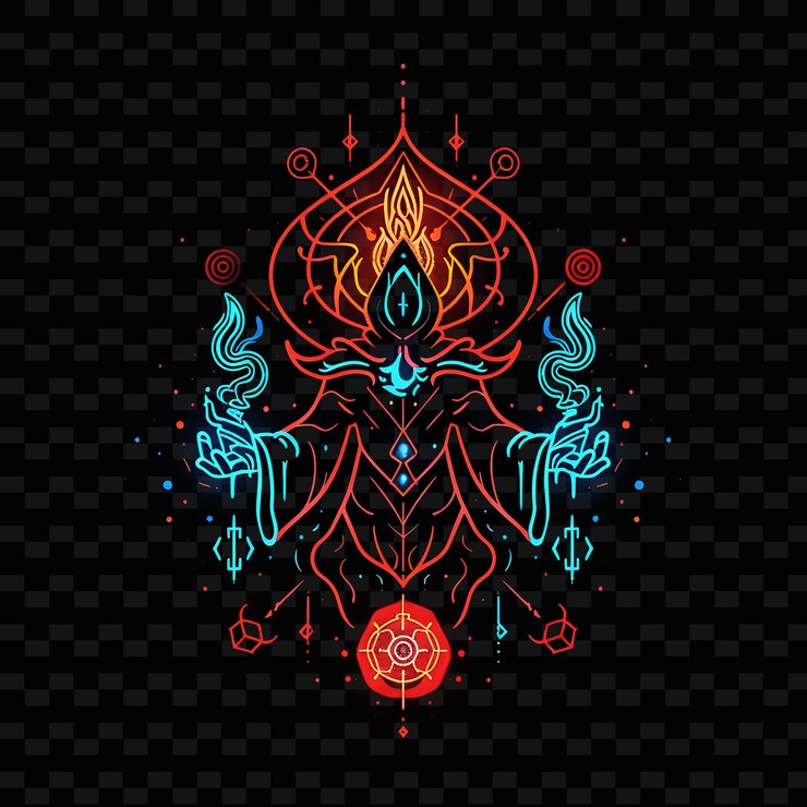 PSD bright glow of an elemental mage with fire and ice with neon png creative neon line art designs