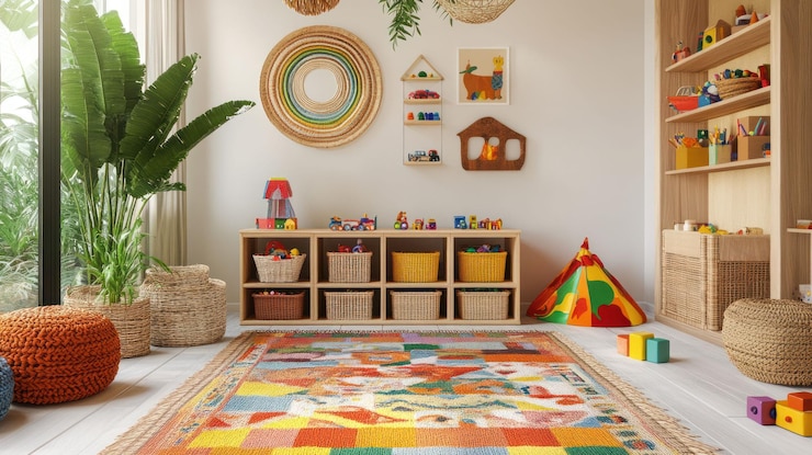 PSD bright playful kids room with colorful toys natural wood furniture and large rug