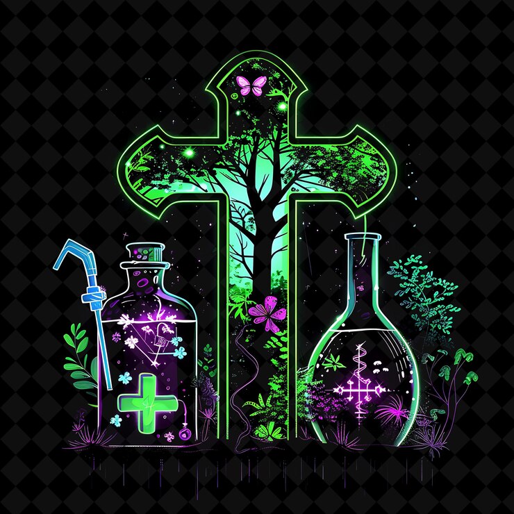 PSD brillante bosque de laboratorio de científicos locos de neón dentro de una silueta paisaje artístico de neón de png