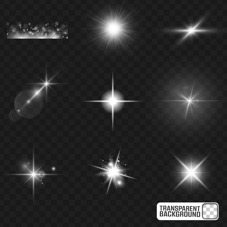 Brillante brillo blanco superpone luces llamaradas y estallidos de estrellas fondo transparente