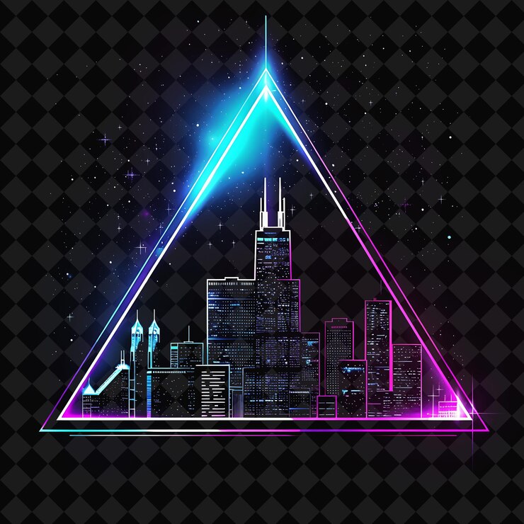 PSD el brillante horizonte de neón de chicago dentro de una silueta triangular png y2k monoline cityscape collage art