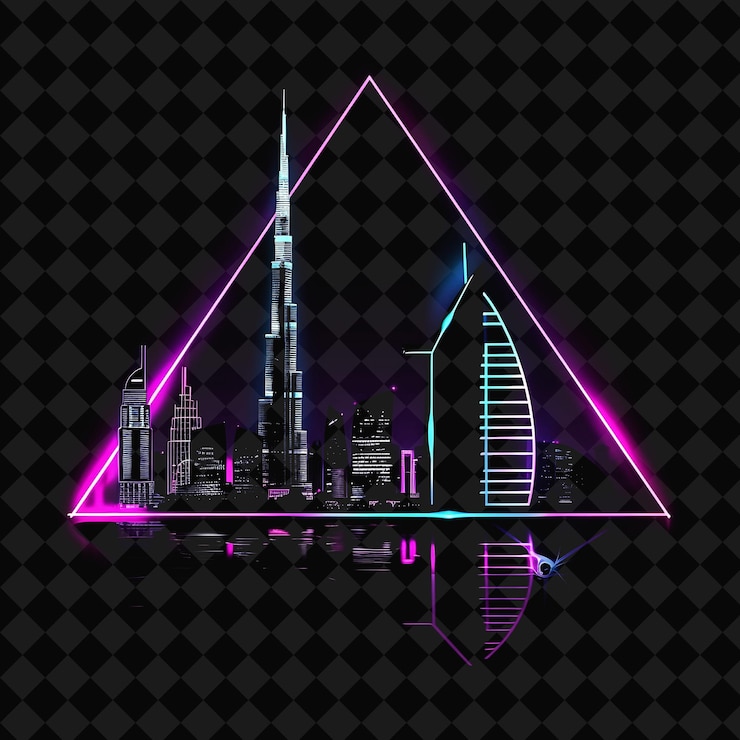 PSD el brillante horizonte de neón de dubai dentro de una silueta triangular png y2k monoline cityscape collage art