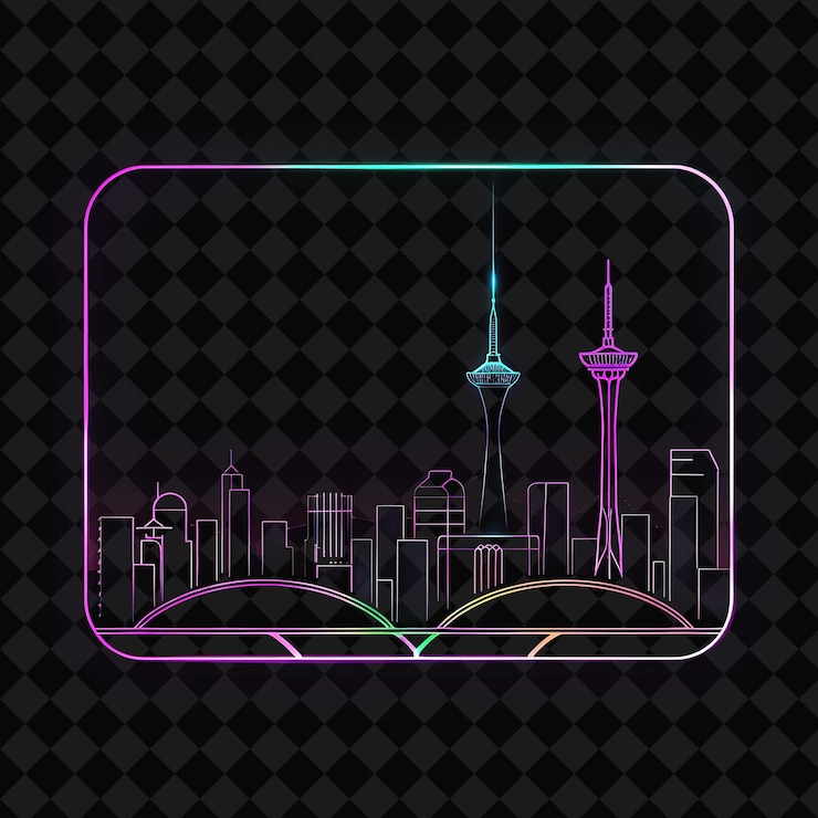 PSD el brillante horizonte de neon de teherán dentro de una silueta de tierras cuadradas png y2k monoline cityscape collage art
