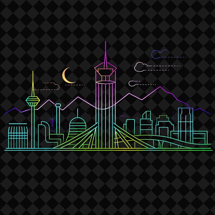 PSD el brillante horizonte de neon de teherán dentro de una silueta de tierras cuadradas png y2k monoline cityscape collage art