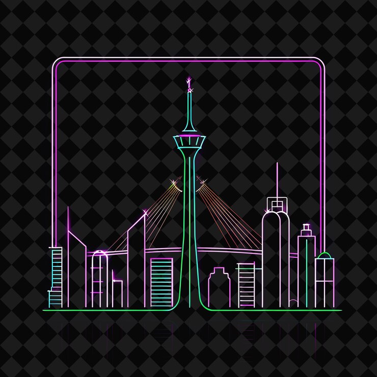 PSD el brillante horizonte de neon de teherán dentro de una silueta de tierras cuadradas png y2k monoline cityscape collage art