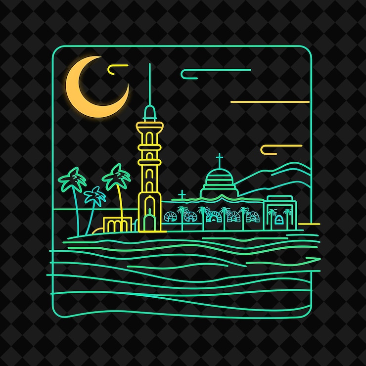 PSD la brillante línea costera de neon izmir dentro de una silueta ondulada pres png y2k monoline cityscape collage art
