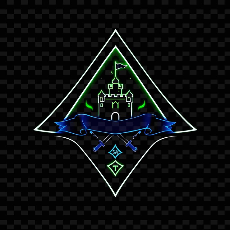 PSD el brillante neón que brilla en una insignia triangular con bordes curvos bordeados por runas en el interior sostiene un castillo