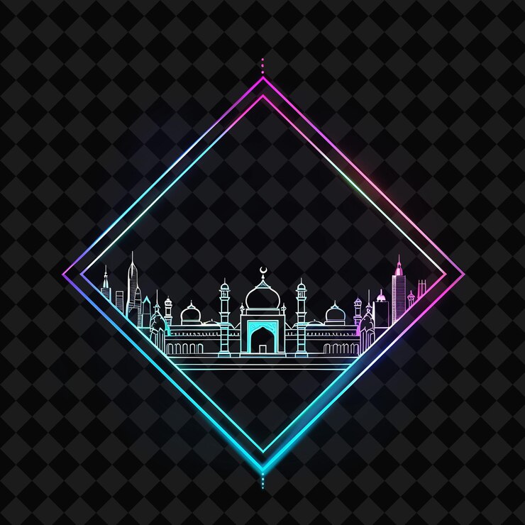 PSD brillante paisaje urbano de neón de dhaka dentro de una silueta de diamante png y2k monoline paisaje urbano arte de collage