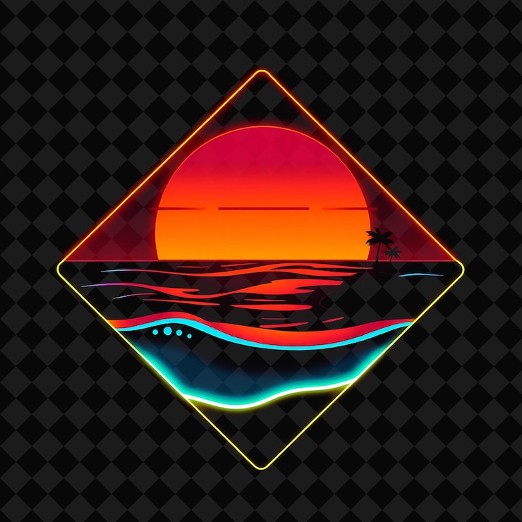PSD la brillante playa del atardecer de neón dentro de una silueta de diamante las olas brillantes abrazan suavemente la costa