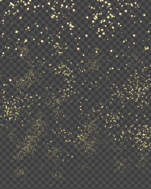 El brillante polvo de estrellas dorado fluye hacia abajo aislado en un fondo transparente