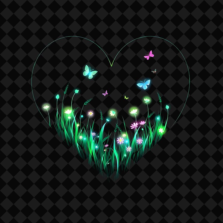 PSD la brillante pradera de neón dentro de una silueta el paisaje del corazón tiene hierbas altas con flores brillantes