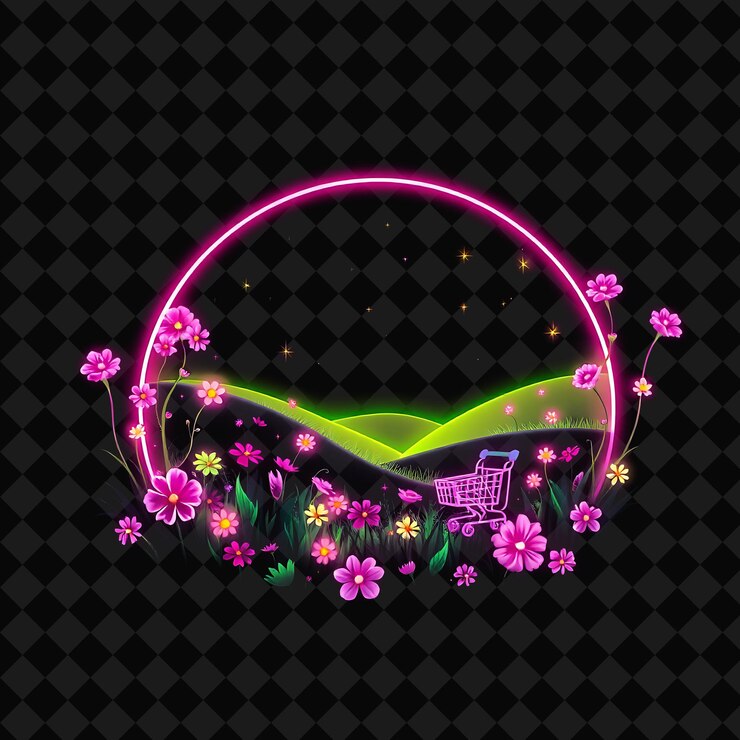 PSD el brillante prado de fantasía de neón dentro de una silueta paisaje ovalado con flores en flor mini shoppi