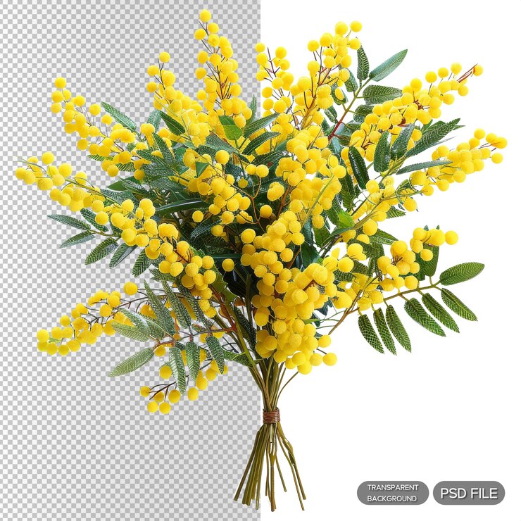 PSD brillante ramo de flores de mimosa amarillo aislado sobre un fondo blanco arreglo floral botánico vibrante