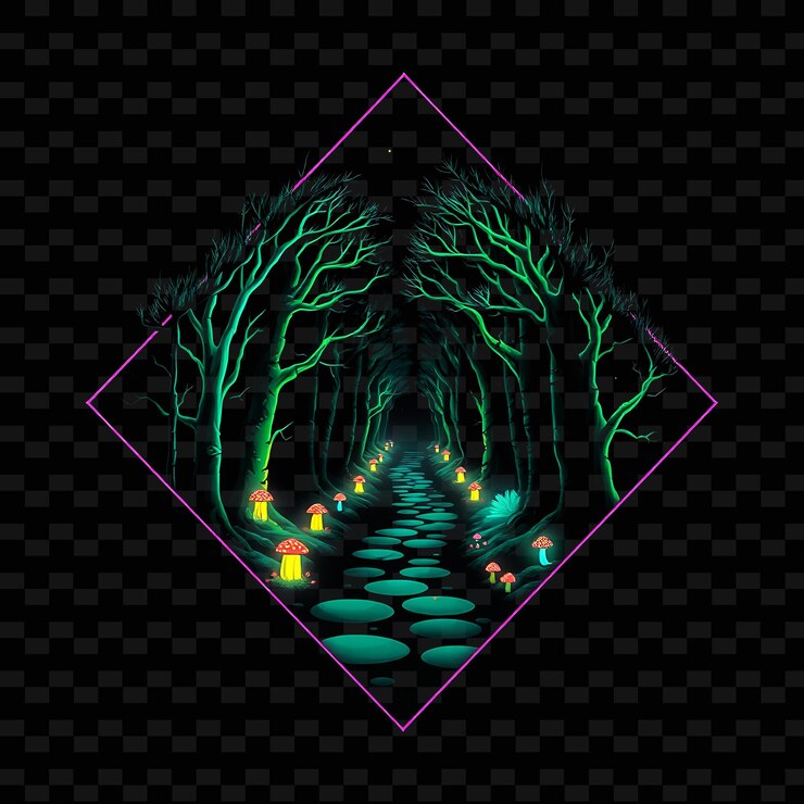 PSD el brillante sendero del bosque de neón dentro de una silueta de árboles de diamantes alineados con setas brillantes y pequeños