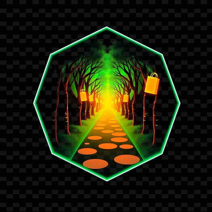 PSD el brillante sendero del bosque de neón dentro de una silueta de árboles hexagonales decorados con letreros de venta brillantes