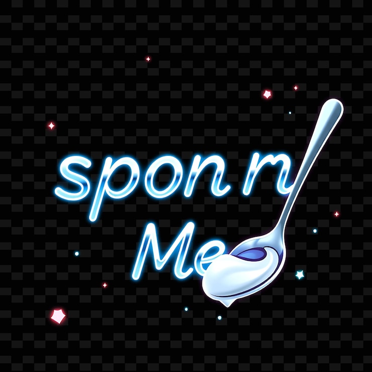 PSD brillante spoon me texto en neon plata y azul luminoso acompañado por neon yummy diseños de tipografía