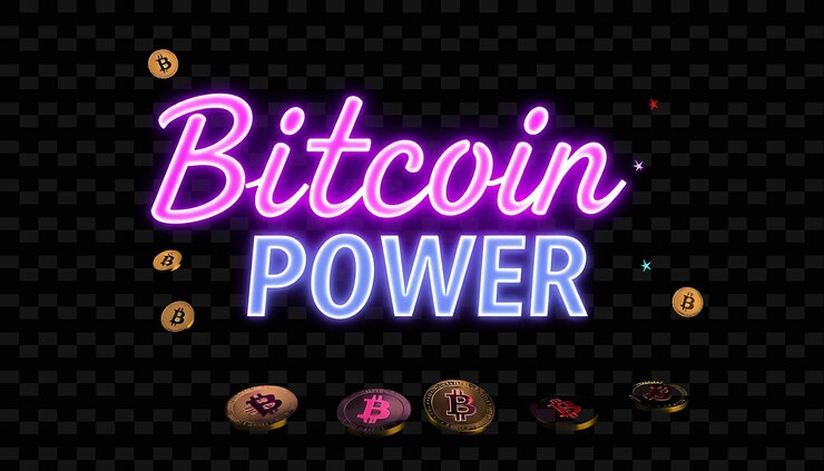 PSD el brillante texto de bitcoin power brilla con púrpura y lavanda de neón adornado con símbolos de bitcoin y di