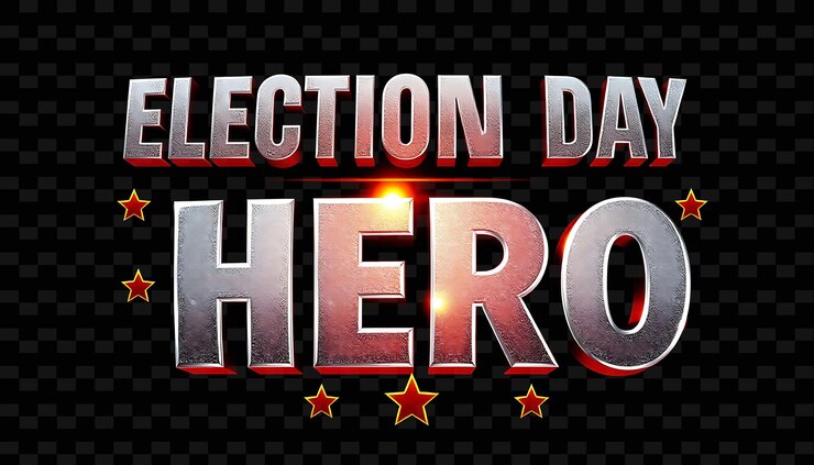 PSD el brillante texto del héroe del día de las elecciones en plata metálica y rojo audaz con un superhéroe de brillo reflectante