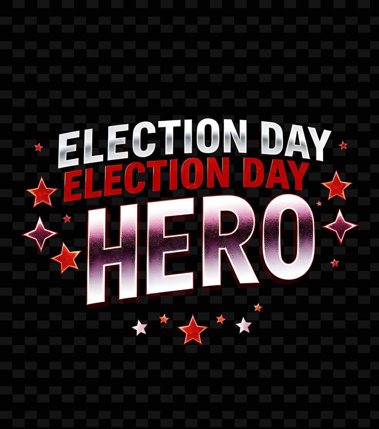 PSD el brillante texto del héroe del día de las elecciones en plata metálica y rojo audaz con un superhéroe de brillo reflectante