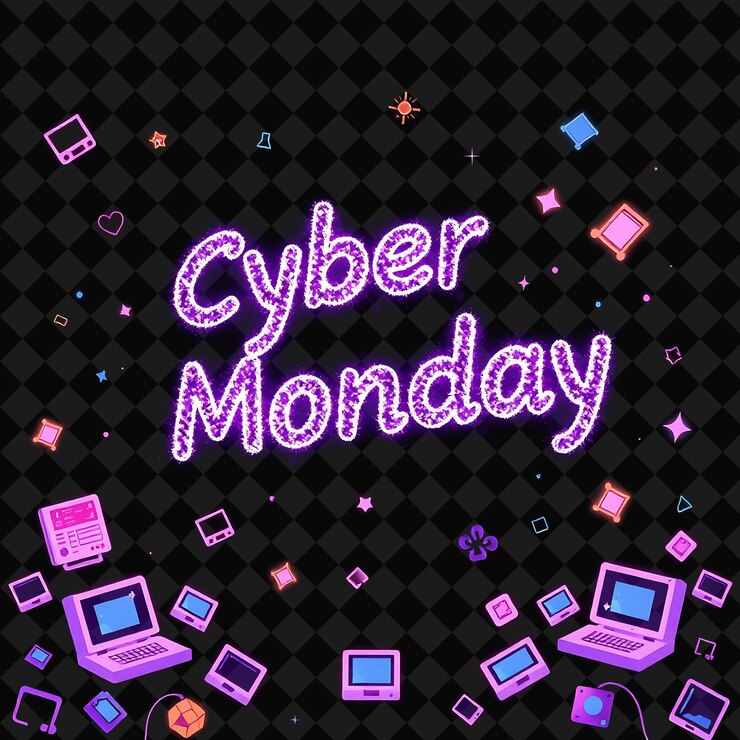 PSD el brillante texto del lunes cibernético brilla en neón, púrpura vibrante y lavanda rodeado de kawaii compu.