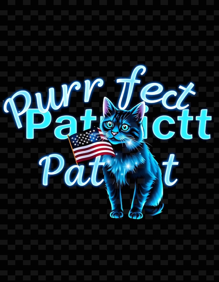 PSD el brillante texto del patriota purrfect en azul zafiro de neón y plata brillante con un gato reluciente y