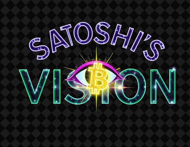 El brillante texto de la visión de Satoshi en lavanda de neón y cal viva que muestra un ojo reluciente y brillo