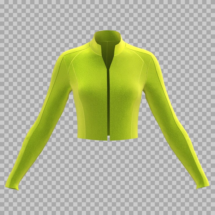 PSD brillante verde recortado zipup chaqueta 3d maqueta de fondo transparente