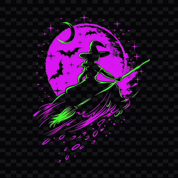 PSD brillantes rayos de una bruja en una escoba con neon violet y png diseños artísticos creativos de línea de neón
