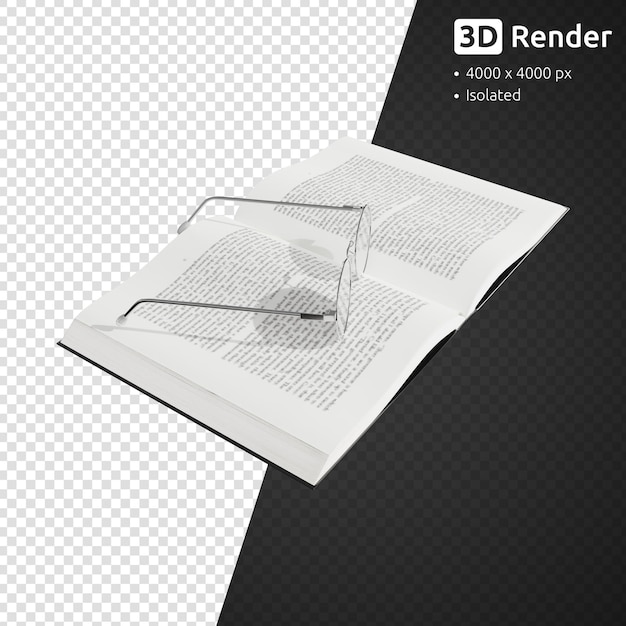 Brille und buch isoliert auf weißem hintergrund 3d-rendering