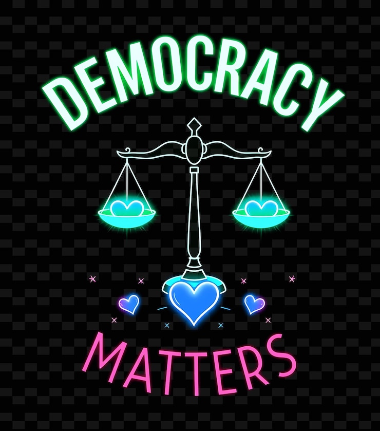 PSD brilliant democracy matters text glows in neon emerald and intense blue radiant scales of justice a