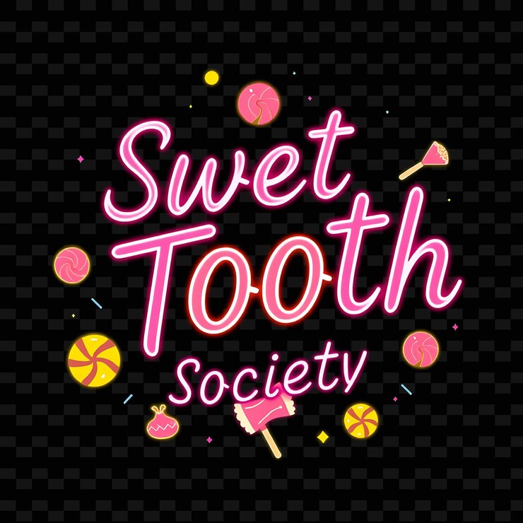 PSD brilliant sweet tooth society texto en rosa neón y amarillo suave con diseño de tipografía deliciosa de neónc