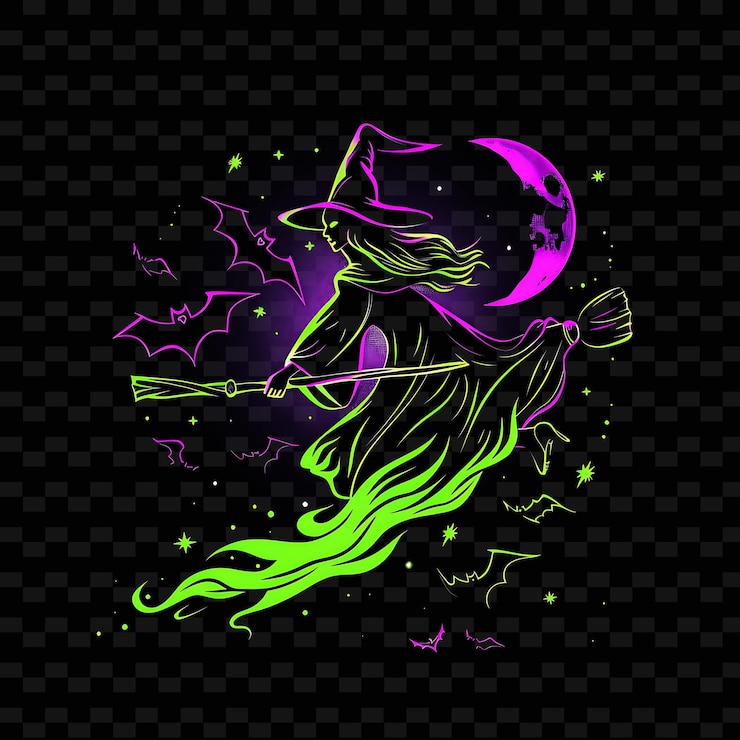PSD brillianti raggi di una strega su una scopa con neon viola e png creative neon line art designs
