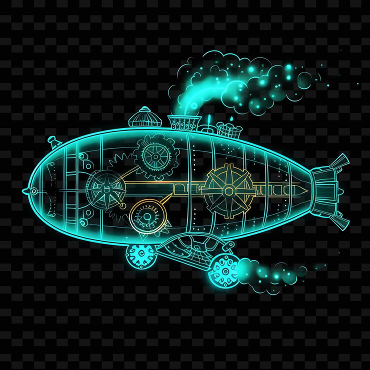 PSD brillo radiante de una aeronave steampunk con engranajes con neon bro png diseños artísticos creativos de línea de neón
