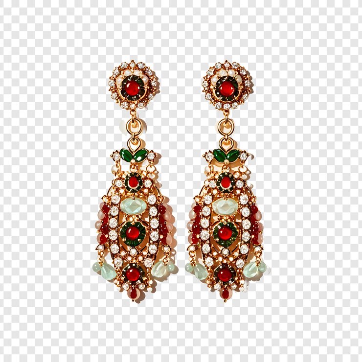 PSD brincos com esmeraldas e diamantes sobre um fundo transparente