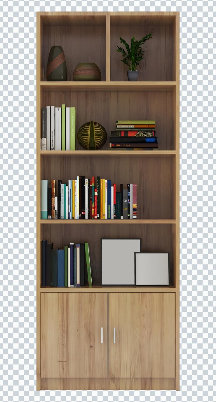 PSD brinquedo de madeira e maquete de estante de livros isolada. transparente.