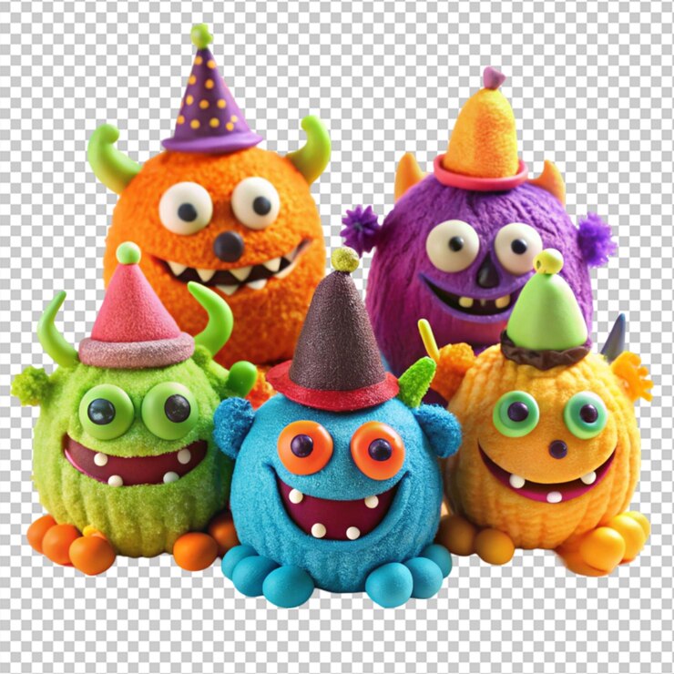 PSD brinquedos monstros coloridos decoração de festa com tema de halloween
