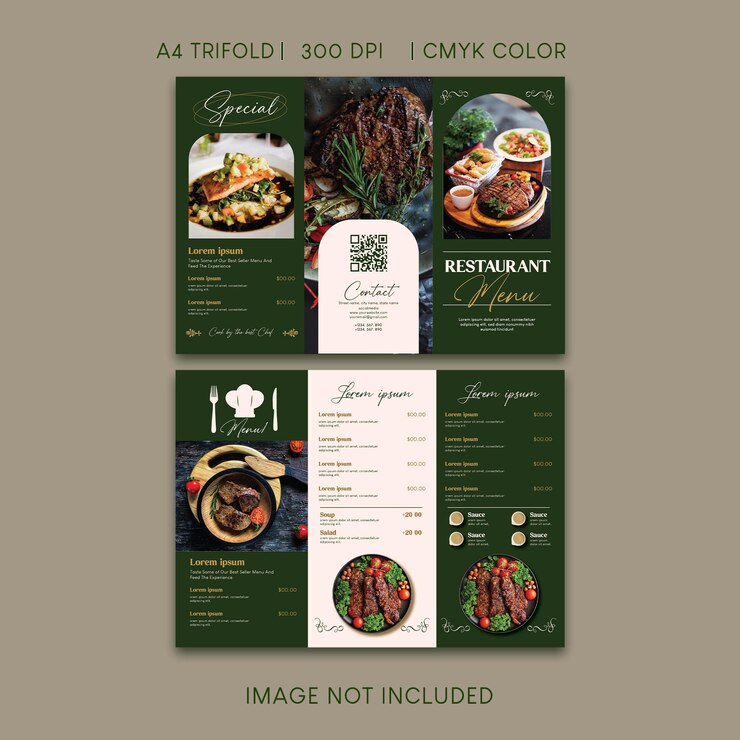 PSD brochura tripla do menu do restaurante