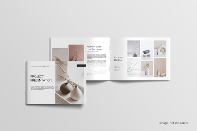 Brochure paesaggistica e copertina del catalogo mockup vista dall'alto